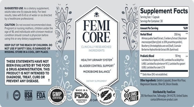Femicore Supplement Facts label