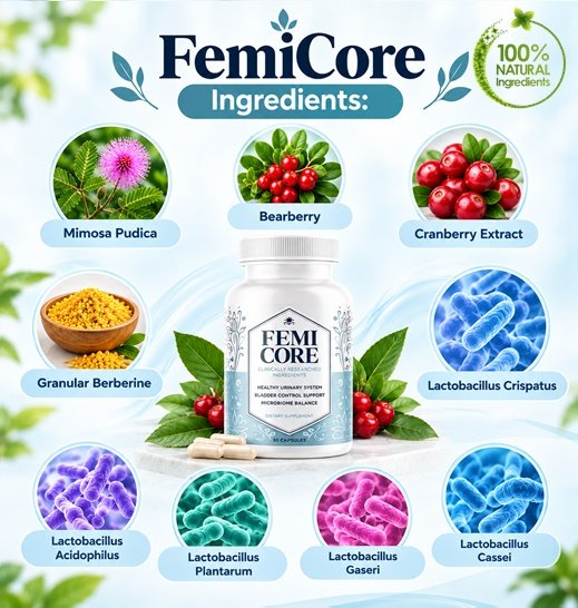 Femicore ingredients: cranberry, bearberry, berberine, mimosa pudica and Lactobacillus probiotics